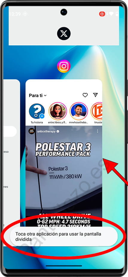 Toca otra aplicación para usar la pantalla dividida