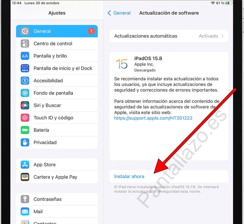 Instalar ahora actualización iPad