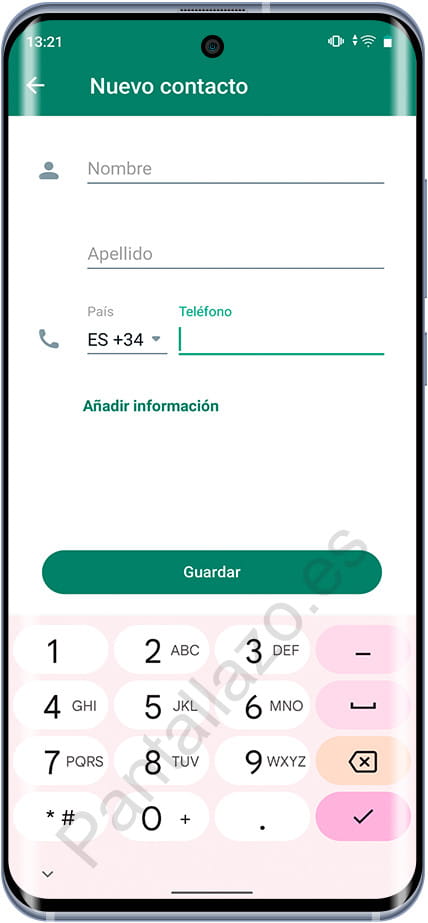 Formulario nuevo contacto WhatsApp Android