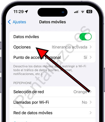 Opciones de datos móviles iPhone