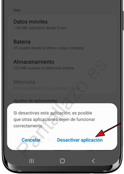 Mensaje Desactivar aplicación Samsung