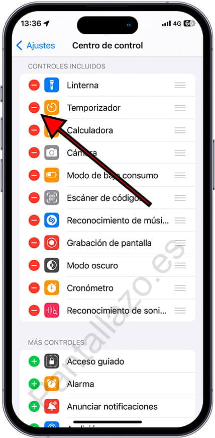 Quitar un icono del centro de control