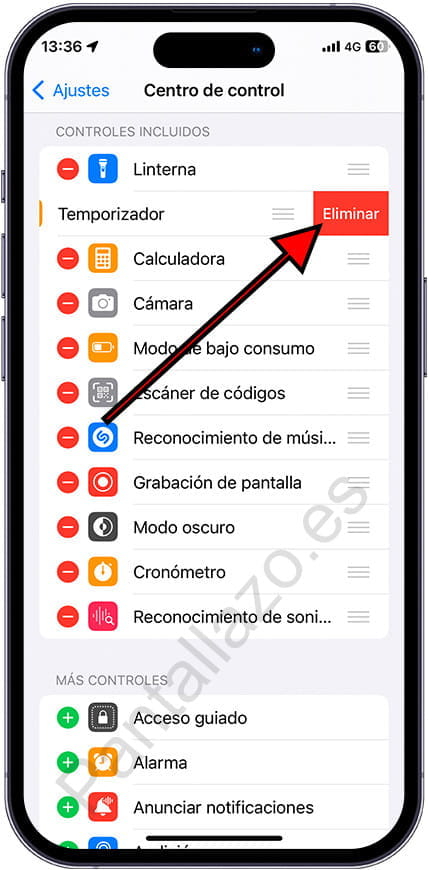 Eliminar un icono del centro de control