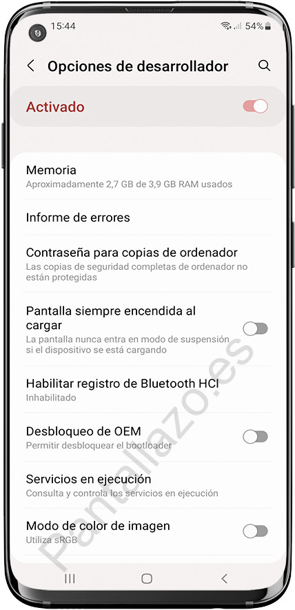 Opciones desarrollador Samsung