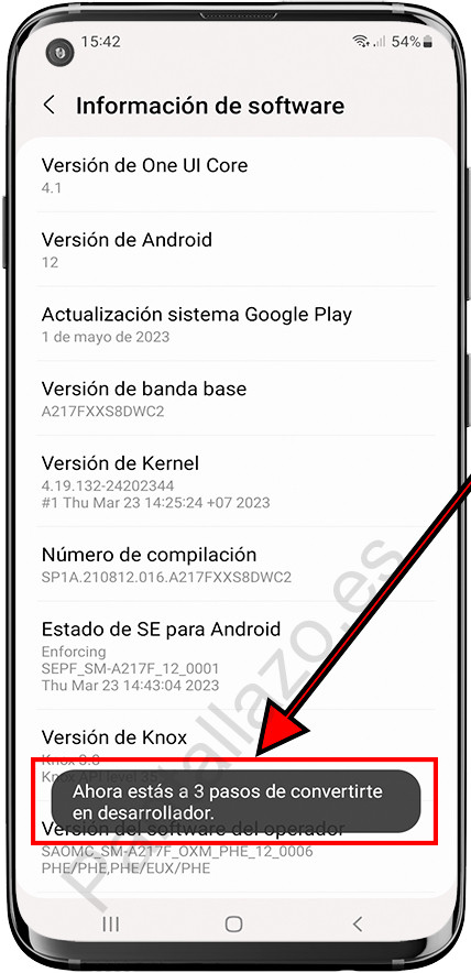 Pulsar para activar modo desarrollador en Samsung