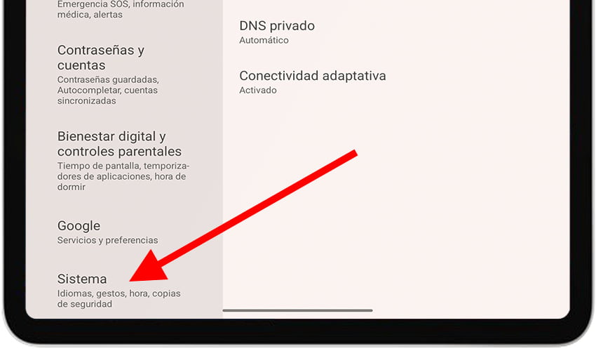 Apartado Sistema en Android