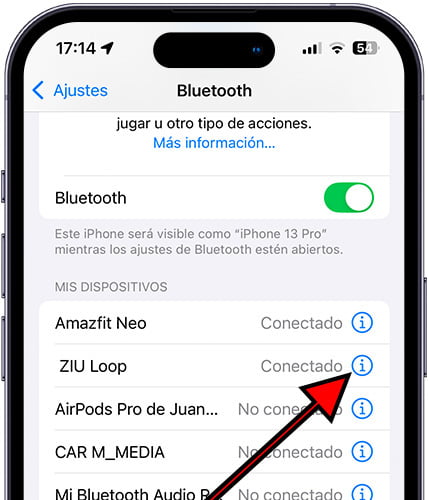 Ajustes de dispositivo Bluetooth en iPhone