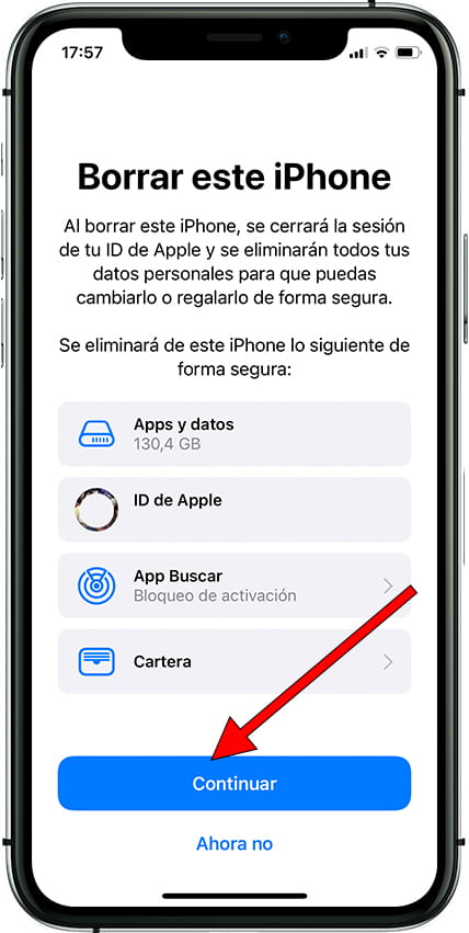 Mensaje confirmación reset iOS