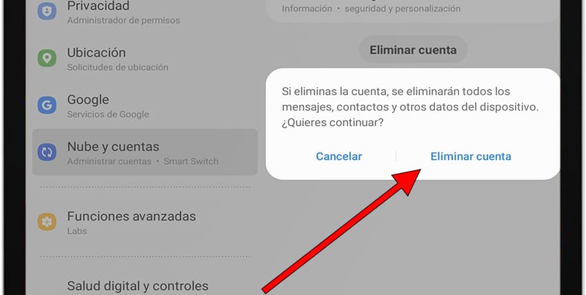 Confirmar quitar cuenta Samsung