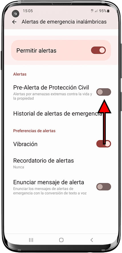 Activar o desactivar alertas de Protección Civil Samsung