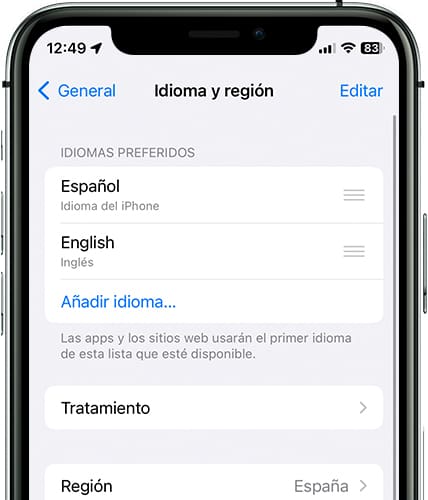 Cambiar orden idiomas iOS