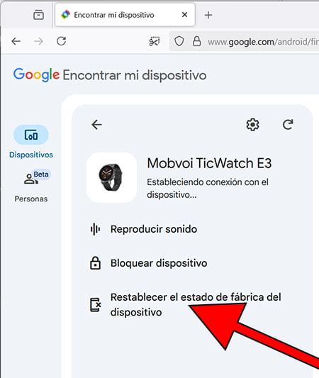 Borrar Mobvoi TicWatch E3 en remoto