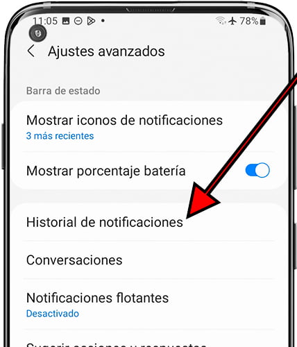 Historial de notificaciones Samsung