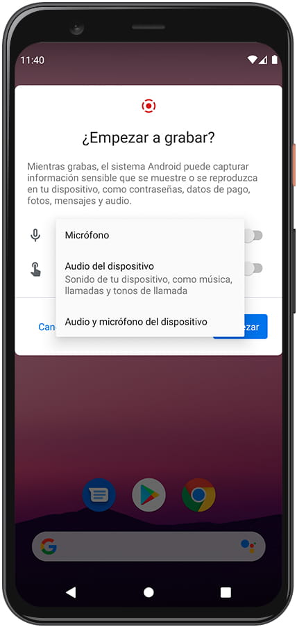 Mensaje grabar sonido pantalla Android V3 Youth