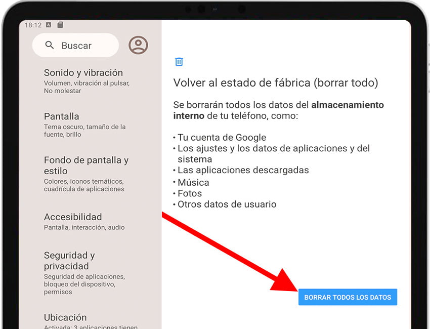 Volver al estado de fábrica (borrar todo) Android