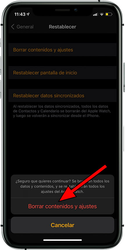 Confirmar borrar contenidos y ajustes Apple Watch