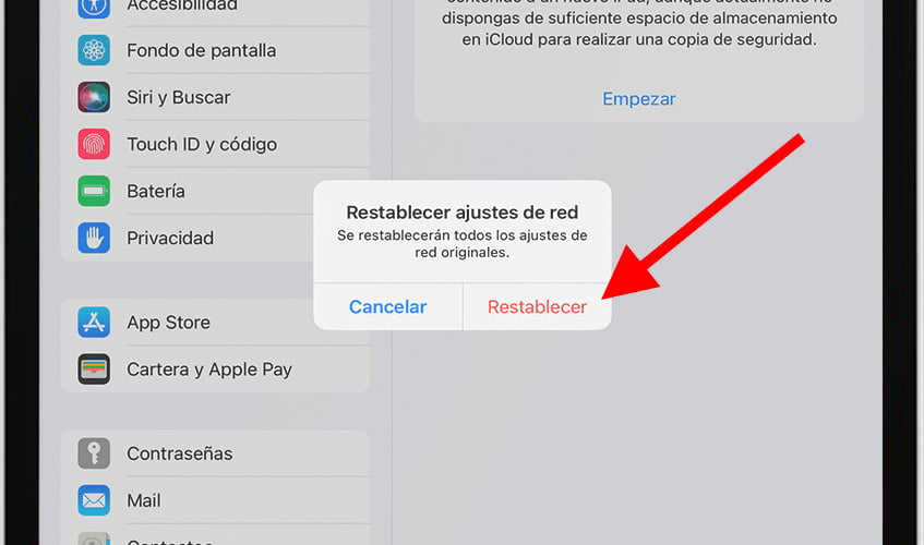 Confirmar restablecer ajustes de red iPhone