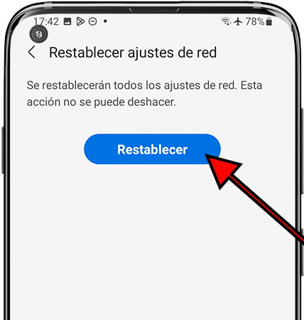 Confirmar Restablecer ajustes de red en Samsung