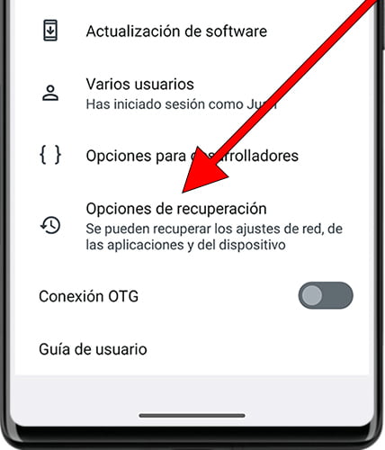 Opciones de recuperación en Android