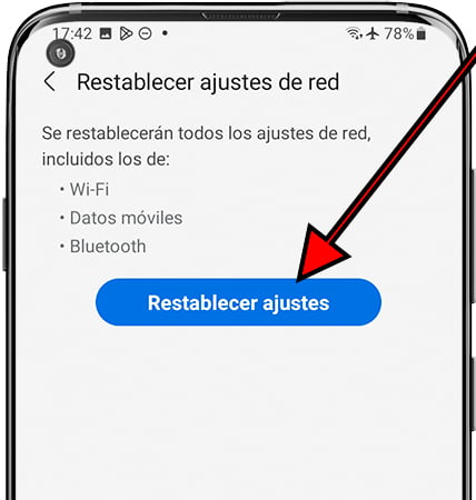 Botón restablecer Ajustes de red en Samsung