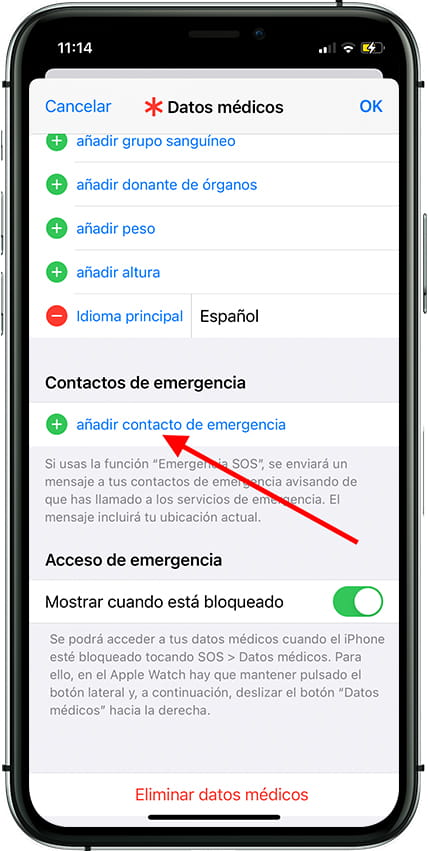 Añadir contactos de emergencia iPhone